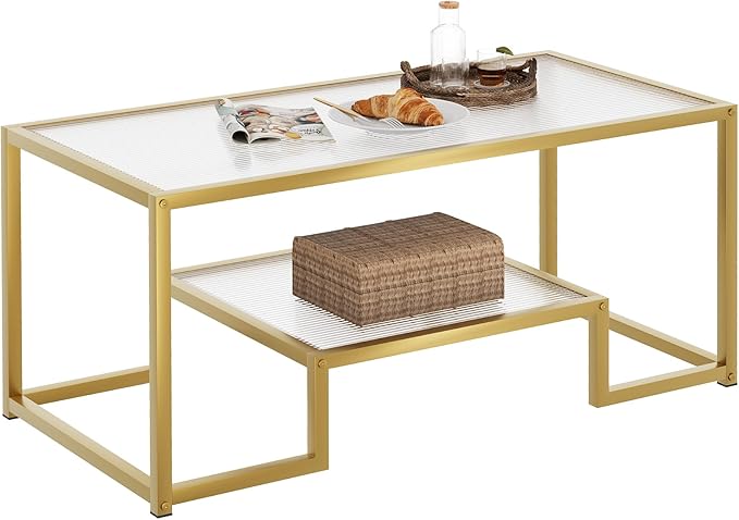 Wolawu Coffee Table Gold Glass Coffee Table for Living Room,2 Tiers Rectangle Center Table with Ribbed Glass Top and Sturdy Metal Frame,Modern Glass Accent Table for Bedroom Home Office
