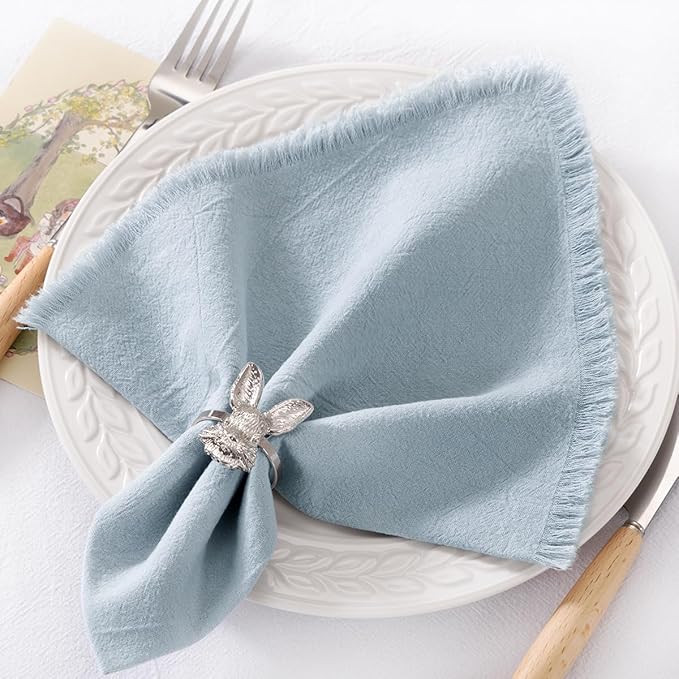DeZerlor 6 Pack Grey- Blue Cotton Linen Napkins with Fringe Summer Cloth Napkins Set of 6 Boho Handmade Dinner Napkins Bulk for Wedding Bridal Baby Shower Parties, 17 x 17 Inches