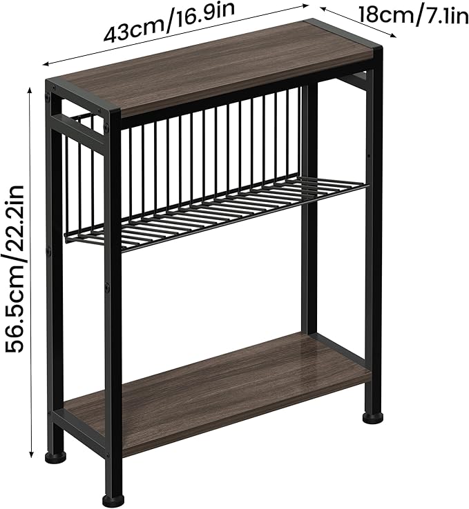 Small Side Table Set of 2 for Small Space, 3-Tier Narrow End Tablewith Magazine Holder,SmallNightstand, Skinny Snack Couch Table in Living Room, Bedroom Study and Balcony(Ash Brown)