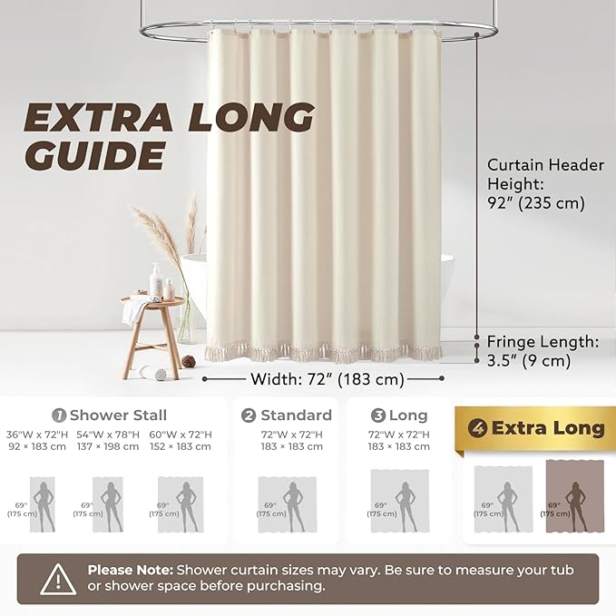 96inch Extra Long Shower Curtains 72 x 96 Inches Linen Shower Curtain with Tassels, Country Boho Farmhouse Bath Decor Beige Shower Curtains for Bathroom Neutral Fabric Bath Curtain