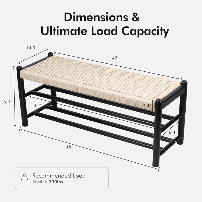 Solid Wood Entryway Bench with Shoe Storage, Rustic Oak Wood and Woven Design 45 Inch Long Seating for Living and Dining Rooms, 3-Tier Black