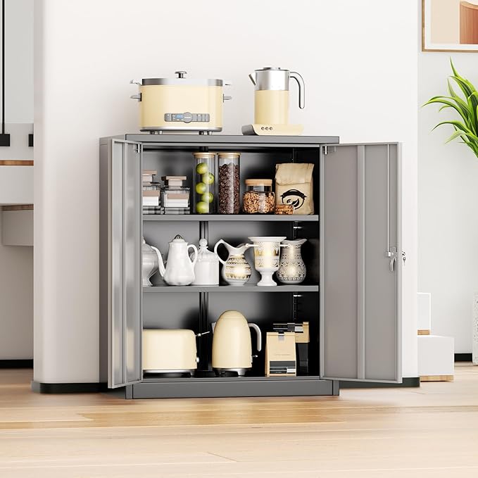 INTERGREAT Metal Garage Storage Cabinet, 36" Locking Counter Cabinet with 2 Locking Doors and 2 Adjustable Shelves, Small Steel Cabinet for for Home Office, Gym, School(Black Grey)