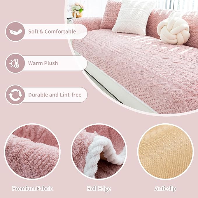 Plush Warm Couch Covers, Sectional Couch Cover Washable, Funny Fuzzy Pet Couchs Covers for Sofa, Non-Slip Couchs Protector for Dogs, Cozy Sofa Cover for Pet & Kid (1PC, Pink, 36"×83")