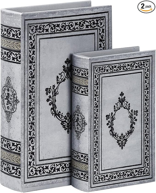 Decorative Wooden Book Box Set of 2 - Vintage Faux Book Boxes for Home Decor, Secret Storage with Magnetic Closure, Antique Style, Grey Leather Cover Design, Perfect for Home Office Bookshelf