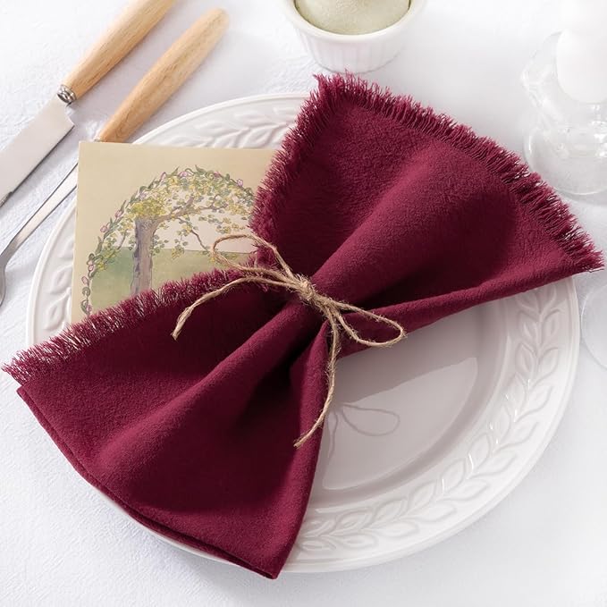 DeZerlor 6 Pack Burgundy Red Cotton Linen Napkins with Fringe Summer Cloth Napkins Set of 6 Boho Handmade Dinner Napkins Bulk for Wedding Bridal Baby Shower Parties, 17 x 17 Inches