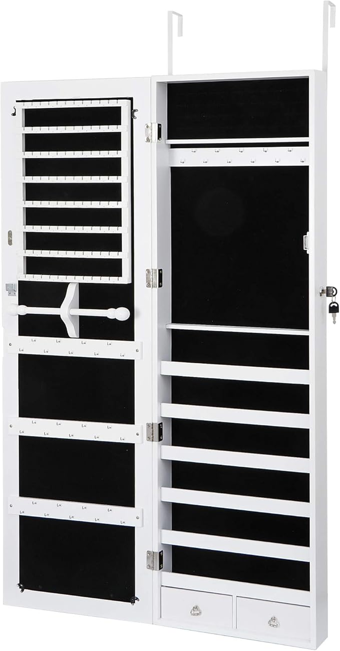 HomGarden Mirror Jewelry Cabinet Lockable Wall/Door Mounted Mirrored Jewelry Armoire Bedroom Living Room Cosmetic Storage Organizer for Accessories w/Keys and Drawers