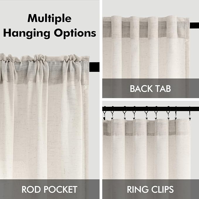 Natural White Linen Curtains 63 inch Length 2 Panel Set for Living Room Back Tab Light Filtering Semi Sheer Curtains 63 inches Long Cream Colored Soft Linen Cotton Textured Rustic Farmhouse Drapes