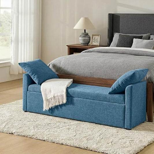 HULALA HOME 59" Storage Bench with 2 Throw Pillows, Modern Long Bedroom Bench for End of Bed, Comfy Upholstered Footstool for Entryway Living Room, Teal
