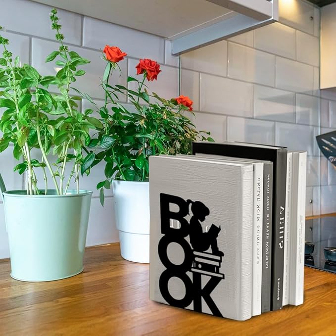Peacoblue Metal Bookends for Shelves, Modern Decorative Heavy Duty Study Book Support Stoppers for Office, Desk, Shelf, Room 5.3"x4.3"x7.9" Cast Iron Simple Bookends, 1 Pair (Book and Reading Girl)