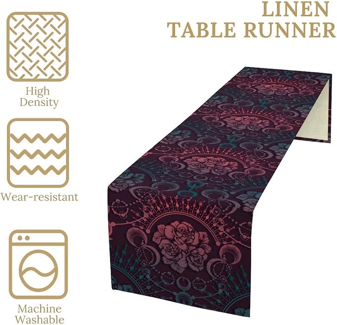Moon Table Runner, Mystical Boho Magic Astrology Floral Rose Print Table Runner for Kitchen Dining Party Wedding Restaurant Picnic, 13x36 Inch