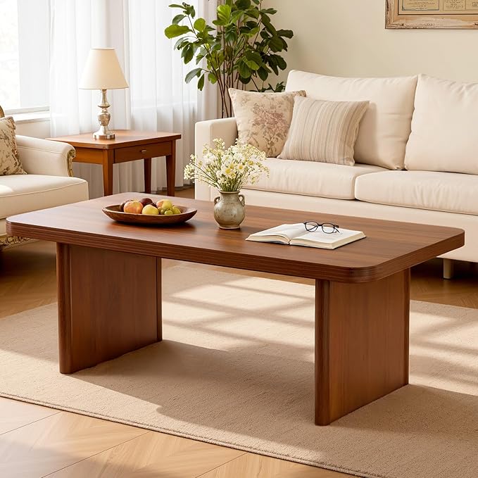 BECHAEO Modern Coffee Table, Solid Pine Wood, 47" Rectangle Center Table for Living Room, Real Wood Legs & Sturdy Base, Minimalist Rustic Coffee Table
