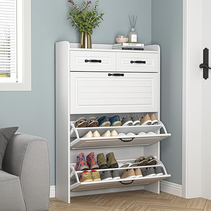 Large Shoe Cabinet for Entryway, Slim Hidden Shoe Storage Cabinet with 3 Flip Drawers and 2 Top Drawers,Shoe Rack Organizer Cabinet for Hallway, White