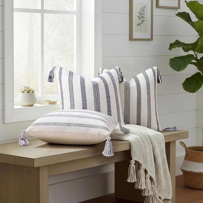 Smile Bee Boho Outdoor Couch Throw Pillow Covers Set of 2, Decorative Lumbar Thick Woven Striped Accent Neutral Pillow Covers with Tassels for Bed Sofa Home Decor, 12x20 Inch, Black and Cream White