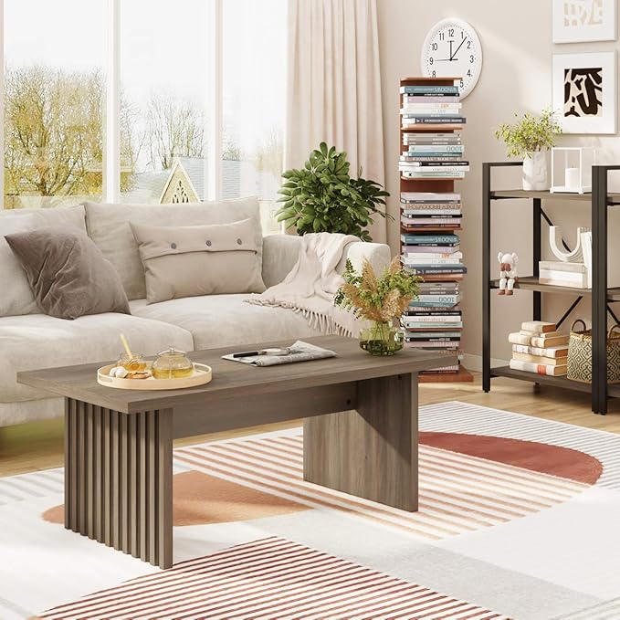 BON AUGURE Fluted Coffee Table, Wood Living Room Tables, Rectangle Coffee Tables for Living Room, Center Table for Home, Office (Greige Oak, 43Inch)