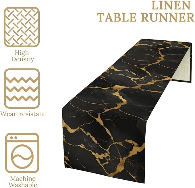 Marble Table Runner, Luxury Black Gold Abstract Textured Marble Table Decoration Runner for Kitchen Dining Cafe Party Wedding, 13x90 Inch