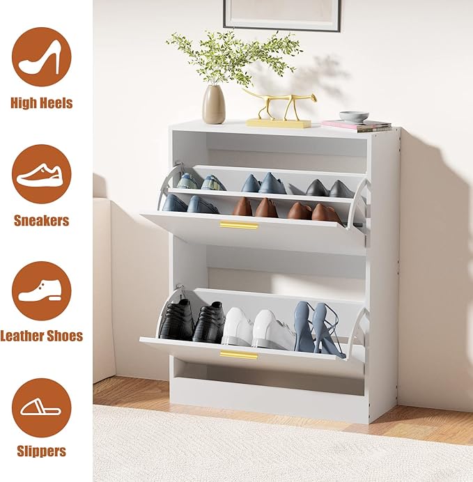 JOZZBY Shoe Cabinet Storage for Entryway, Slim White Hidden Shoe Organizer Cabinet with 2 Flip Drawers, Wooden Narrow Shoe Rack with 2 Tier Freestanding for Hallway, Living Room