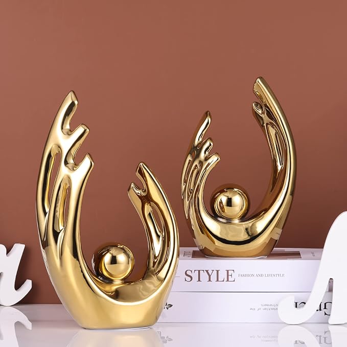 LCCCK 12" H Gold Aesthetic Room Decor Accent, TV Stand Funky Table Centerpiece, Abstract Art Ceramic Statue and Sculpture, Gold Decor for Living Room, Bookshelf Decorative Objects, Shelf Decor