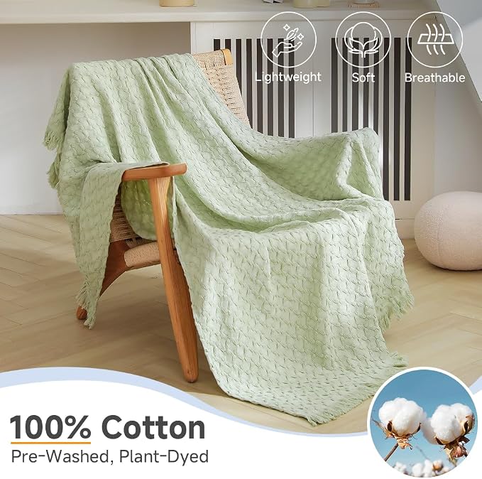 Simple&Opulence 100% Cotton Throw Blanket for Couch, Bed, Waffle Weave Knit Blanket with Tassels, Soft Lightweight Pre-Washed Breathable Comfy Blanket Farmhouse Decor for All-Season(Sage Green)