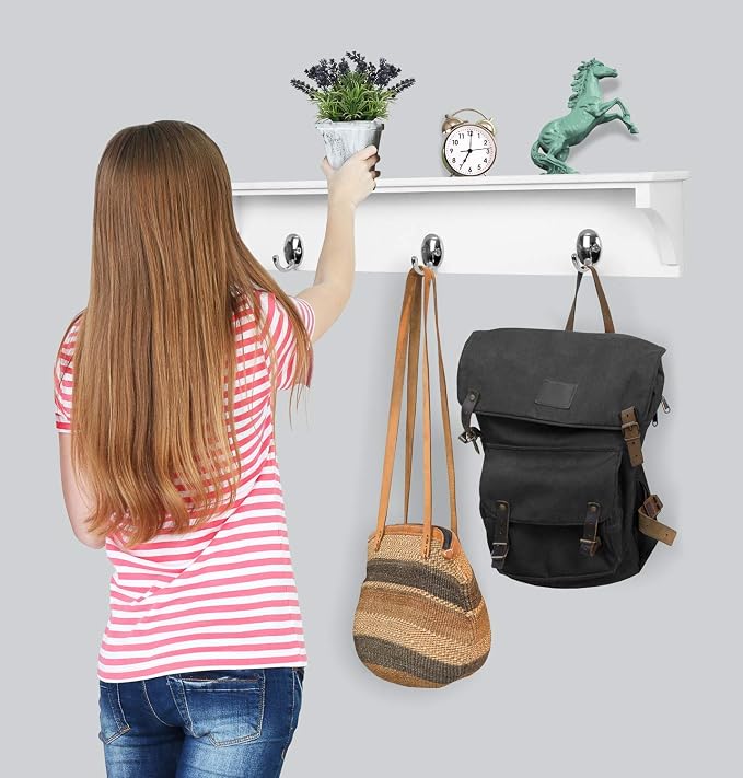 Greenco Entryway Wall Mounted Floating Shelf with Hooks, Hat and Coat Hanging Wooden Storage Shelf, 24” – White