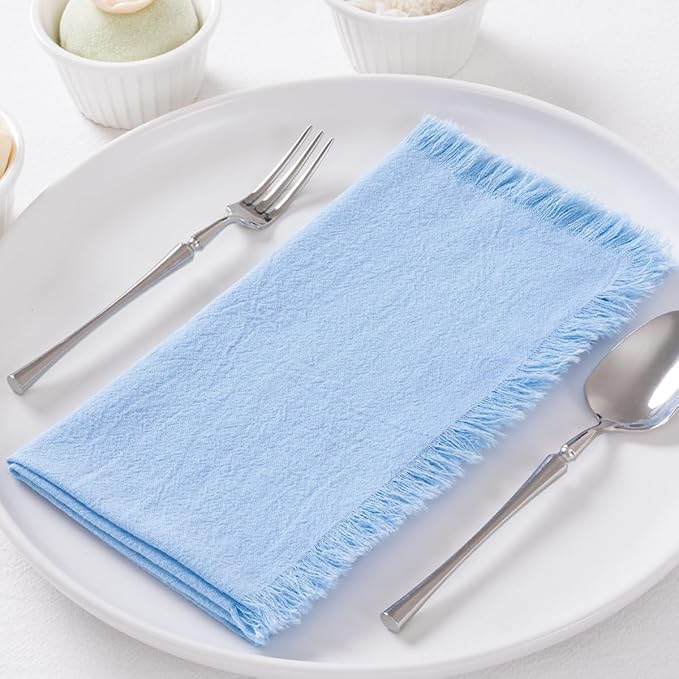 DeZerlor 6 Pack Baby Blue Cotton Linen Napkins with Fringe Summer Cloth Napkins Set of 6 Boho Handmade Dinner Napkins Bulk for Wedding Bridal Baby Shower Parties, 17 x 17 Inches
