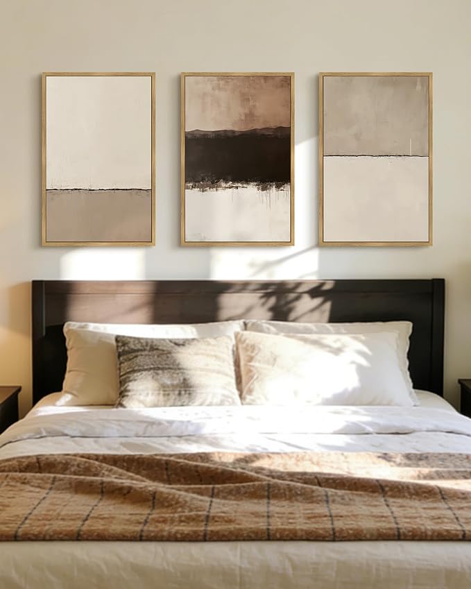 PHOPAGO Neutral Abstract Framed Wall Art Large 16x24in Minimalist Beige Gray Pastel Wall Decor Modern Watercolor Art Paints for Bedroom Living Room - Natural Framed