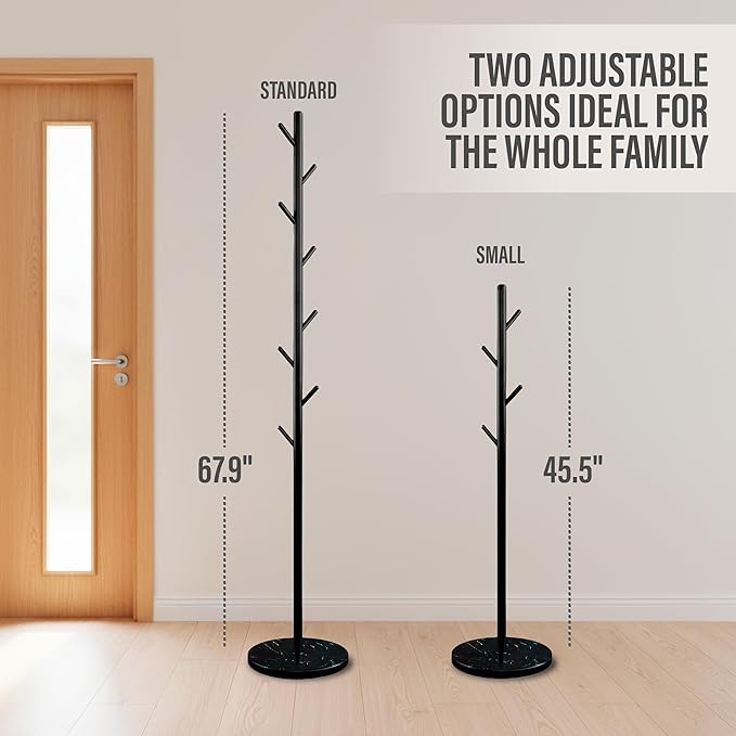 Coat Rack Freestanding Metal Clothing Rack – Modern Clothes Organizer with 8 Coat Hooks – Space-Saving Hall Tree for Entryway, Bedroom, Office – Sturdy Minimalist Coat Hanger & Garment Rack (Black)