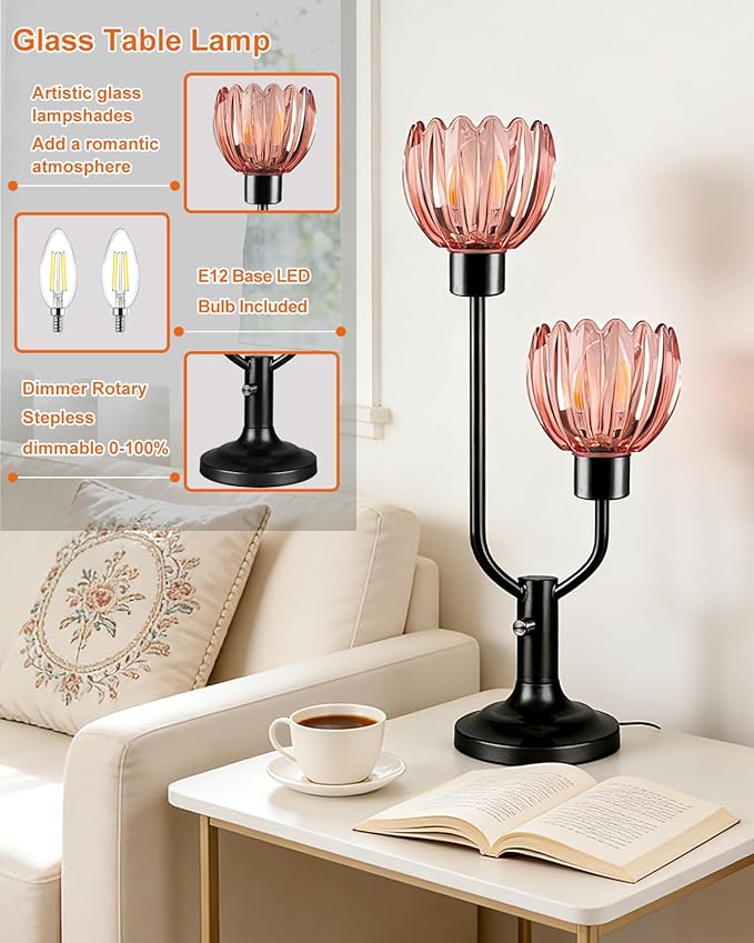 Lightdot Mid Century Modern Glass Red Table Lamp Dimmable Black Desk Lamps 2 Bulbs Included 3000K Warmwhite Bedside Nightstand Ambiance Lamp for Living Room Bedroom