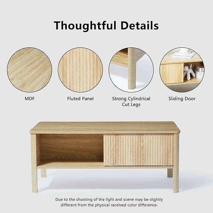 Rectangle Fluted Coffee Table with Storage and Sliding Drawers, Light Wood Coffee Table, Mid Century Modern Cofee Table Boho Style, Low for Living Room/Bedroom/Office (Natural)