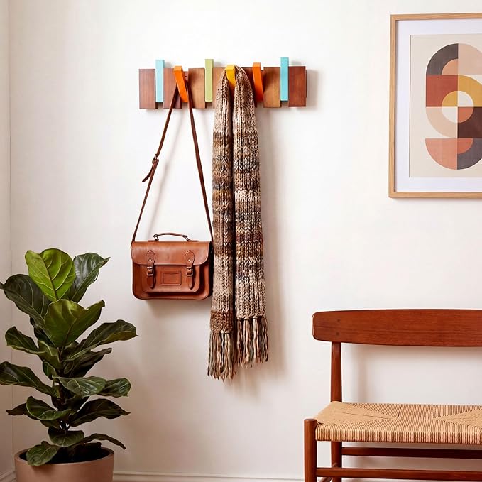 Youyole Mid Century Modern Wooden Coat Hooks Wall Mounted Folding Coat Rack Hanger with 6 Hooks Heavy Duty Flip Down Piano Hat Rack for Hanging Coats Hats Home, 17.7 x 5.3''