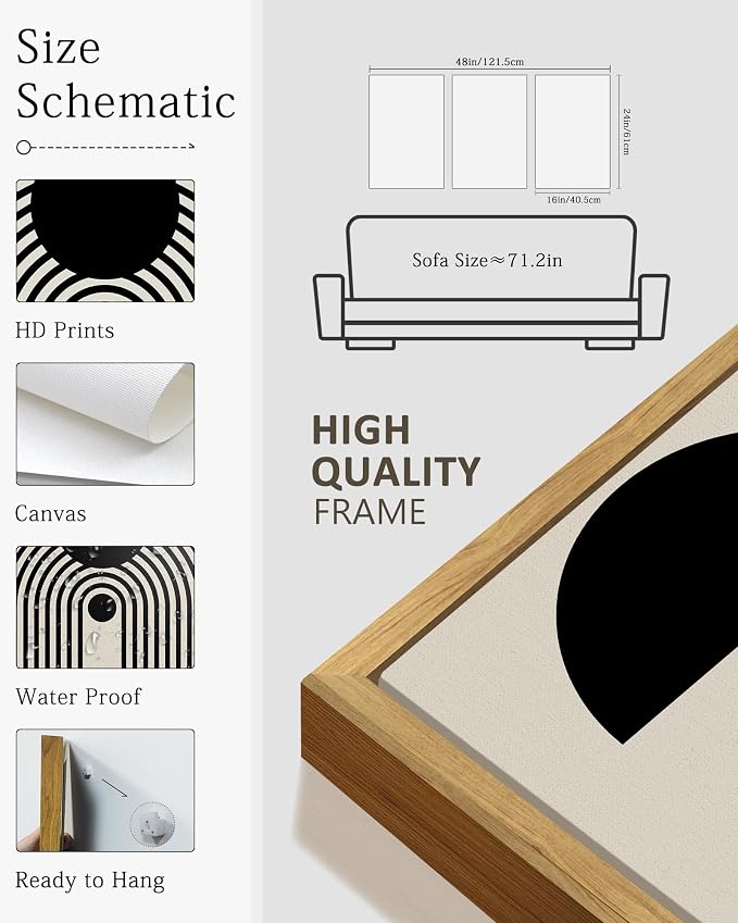 KUVIOKE Black Abstract Framed Wall Art Minimalist Geometry Lines Painting Artwork for Living Room Bedroom 16x24in (Natural Framed)