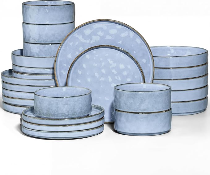 E-far 24-Piece Plates and Bowls Sets with Pasta Bowls - Stoneware Dinnerware Set for 6, Modern Ribbed Dishes, Microwave & Dishwasher Safe, Reactive Blue