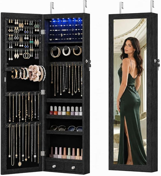 Jewelry Armoire, 47.2" Tall Lockable Jewelry Organizers and Storage Cabinet with Full-Length Mirror, 6 LEDs Mirror Jewelry Cabinet, Wall or Door Mounted Jewelry Storage for Women Bedroom, Gift Idea