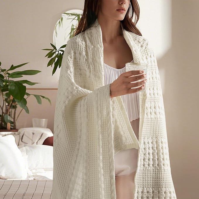 PHF 100% Cotton Waffle Weave Throw Blanket, Soft Lightweight Breathable Cozy Throws for Couch Bed Sofa, Luxury Aesthetic Blanket Gift for Home Decor & Office, 50"x60", Ivory