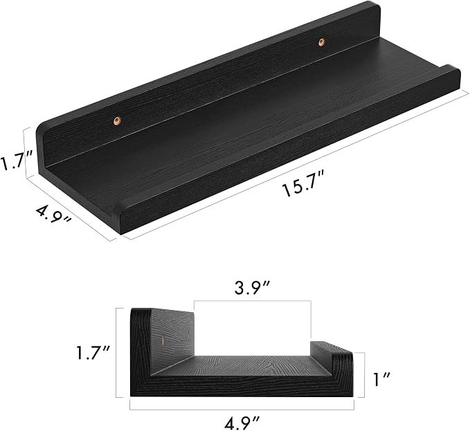YUFLINX 16’’Black Floating Shelves for Wall Set of 6,Rustic Wood Shelf for Room Decor/Storage/Display,Small Bookshelf,Wall Mounted Hanging Shelves for Bedroom, Bathroom, Living Room, Kitchen