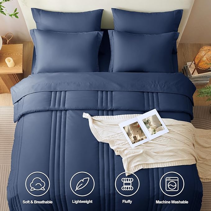 CozyLux Oversized Queen Comforter Set - 7 Pieces Bed in a Bag Navy Blue Comforter Set with Sheets All Seasons Bed Set, Soft Bedding Set with Down Alternative Comforter, Sheets, Pillowcases & Shams