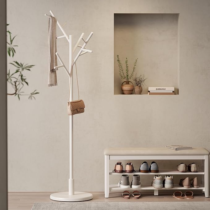 Muwuele Coat Rack, Solid Wood Coat Rack Freestanding with 12 Hooks, Coat tree freestanding 3 Adjustable Heights for coat, Hats, Handbags，Coat Stand for Entryway,Bedroom (White)