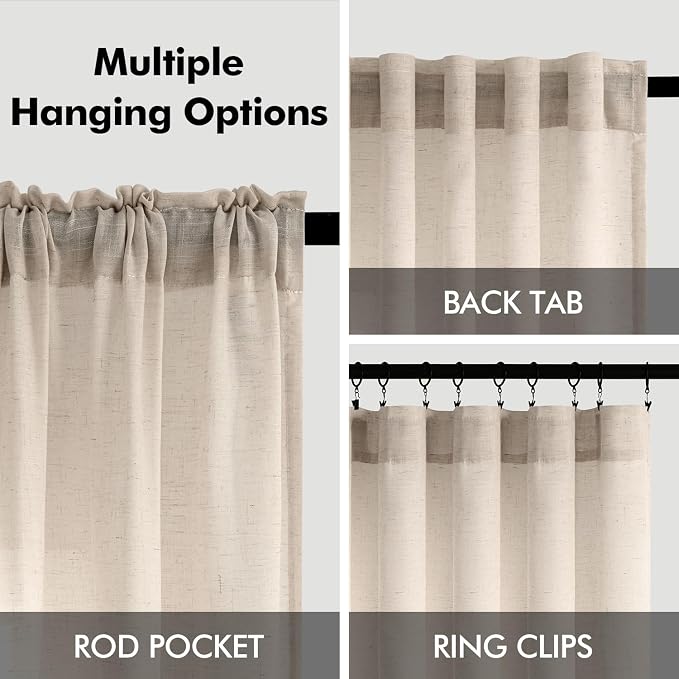 ANRODUO Beige Sheer Linen Curtains 63 inches Long 2 Panels for Living Room Bedroom Back Tab Pocket Light Filtering Airy Curtains Cotton Textured Modern Farmhouse Aesthetic Decor 37x63