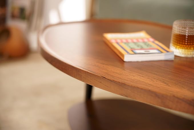 AGV LIGHTING Mango Oval Coffee Table with Storage Shelf, 47" Mid Century Modern Coffee Table for Living Room, Walnut Wood Finish MDF Top with Black Metal Legs