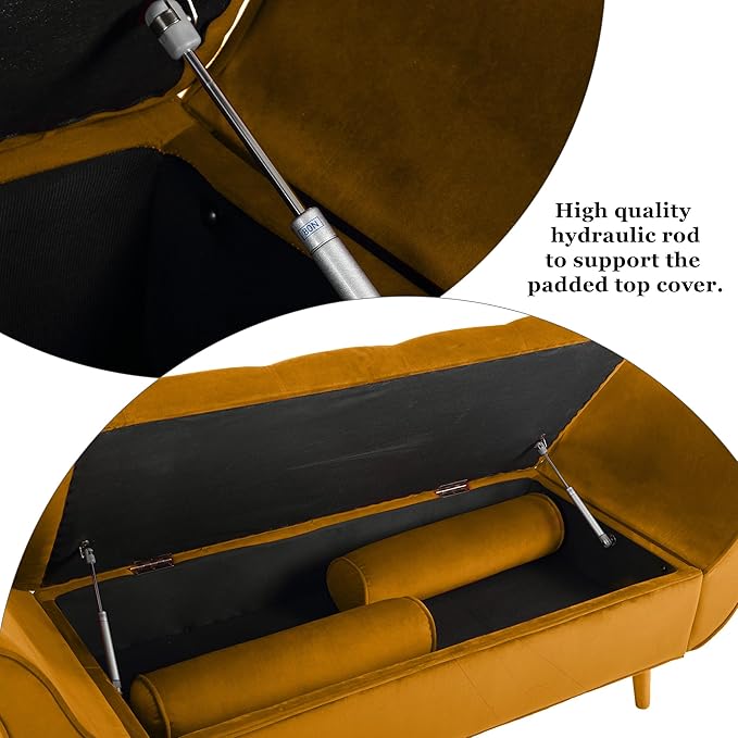 65" Velvet Storage Bench, Vintage Bed Bench with Storage Upholstered Rolled Armed Button Tufted Entryway Bench for Bedroom End of Bed, Living Room, Entryway, Hallway, Dressing Room (Yellow)