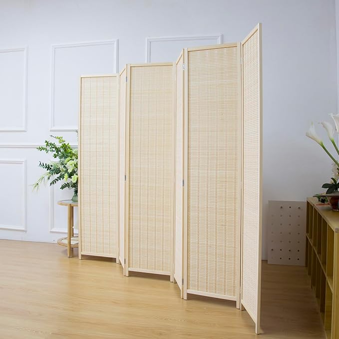 6 Panel Bamboo Room Divider Screen,5.6 FT Tall Bamboo Divider Folding Privacy Screen,Freestanding Panel Divider for Room Seperation,Beige