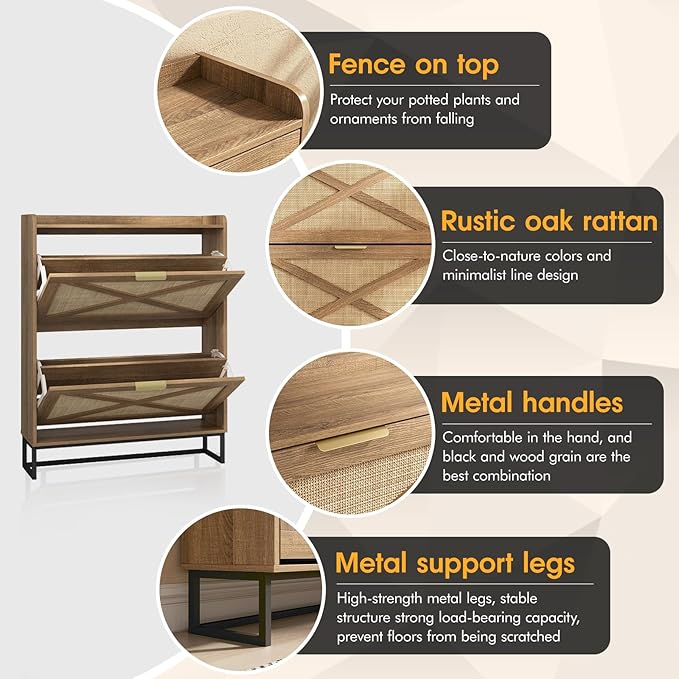 Maupvit Shoe Storage Cabinet with 2 Rattan Flip Drawers, Freestanding Organizer with Metal Legs for Entryway, Narrow Shoe Rack Cabinet, Hidden Golden Handles, Rustic Oak Rattan