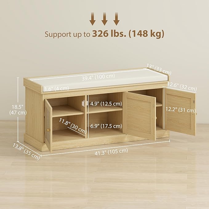 HOMCOM Shoe Bench with Woven Rattan Doors, Shoe Storage Bench with Cushion, Adjustable Shelves for 9 Pairs, Boho Style Entryway Bench for Bedroom, Living Room, 13.8 x 41.3 x 18.5 Inches, Oak Tone