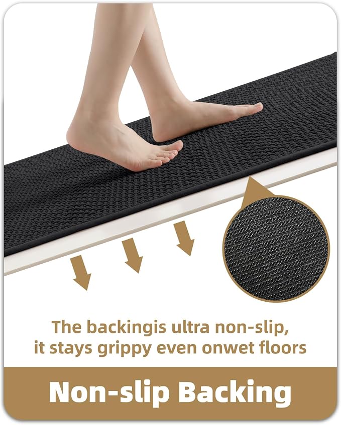 Color&Geometry Rubber Backed Waffle Bath Mat 30x17, Non Slip Water Washable Bathroom Rugs, Soft Absorbent Chenille Boho Carpet for Bathroom Floor, Tub and Shower, Black