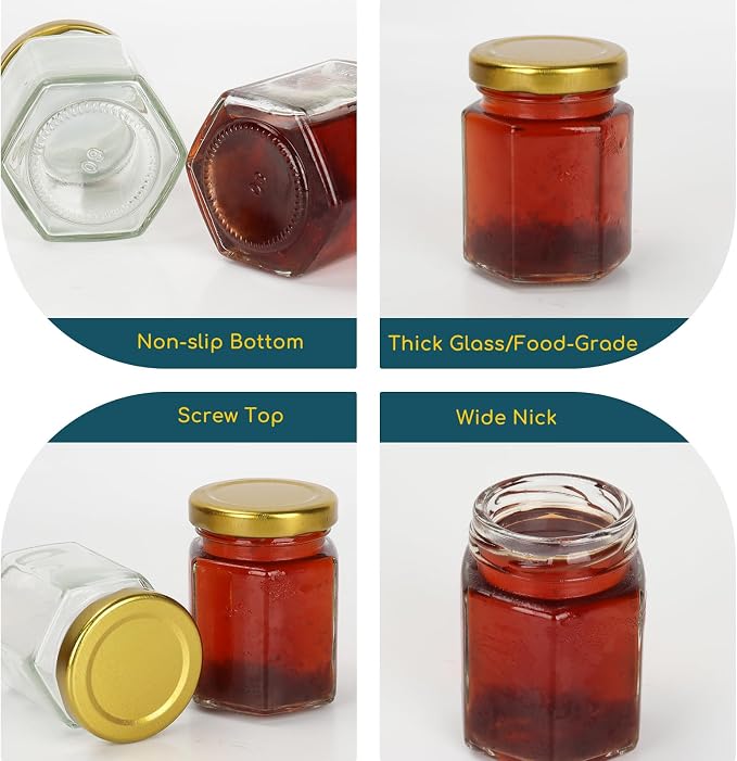 3 oz Honey Jars,30 Pack Hexagonal Glass Jars with Gold Lids,90ml Small Canning Jar Mini Storage Glass Jars for Jams,Fruits,Spices,Nuts,Jellies,Baby Foods