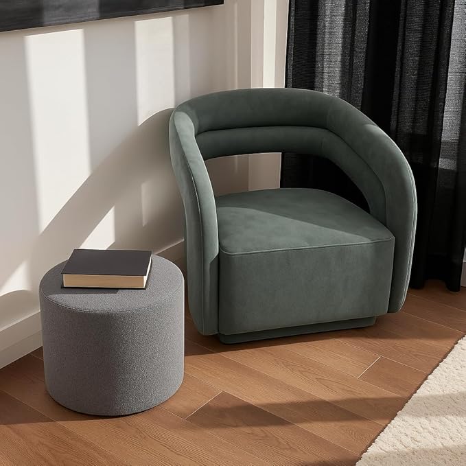 Grey Round Ottoman Foot Rest Stool – Modern Boucle Fabric Footstool with Soft Foam Filling, Lightweight Pouf for Living Room, Bedroom, Home Office – Neutral Grey