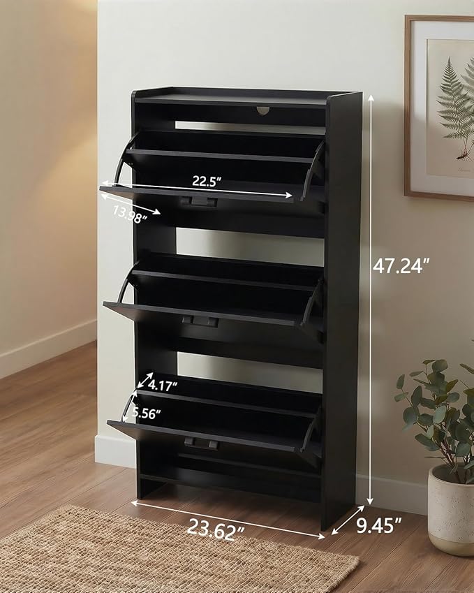 Shoe Cabinet with 3 Flip Drawers, Narrow Shoe Rack Cabinet，Morden Shoe Storage Cabinet，Freestanding Shoe Storage Cabinet for Hallway or Hallway, Black