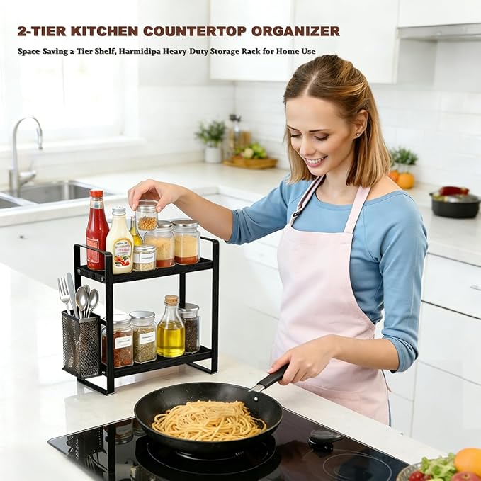 2-Tier Kitchen Storage and Organisation Rack with Side Baskets, Multifunctional Spice Rack Coffee Station Organizer for Kitchen, Coffee Bar, Bathroom, Office