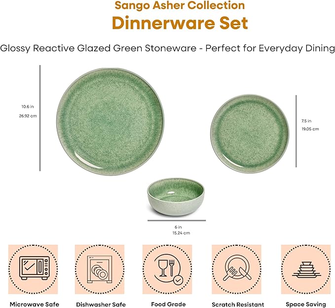 Sango Asher 12-Piece Stoneware Dinnerware Set for 4, Green Ceramic Plates and Bowls Sets, Modern Dish Set with Reactive Glaze, Durable Kitchen Dishes for Casual Dining, Microwave & Dishwasher Safe