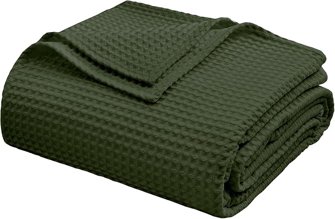 100% Egyptian Cotton Waffle Weave Throw Blanket for Bed Couch Sofa Home Decor, Soft Lightweight Bed & Couch Blanket for All Seasons (Olive Green - Full Size - 84 * 90")