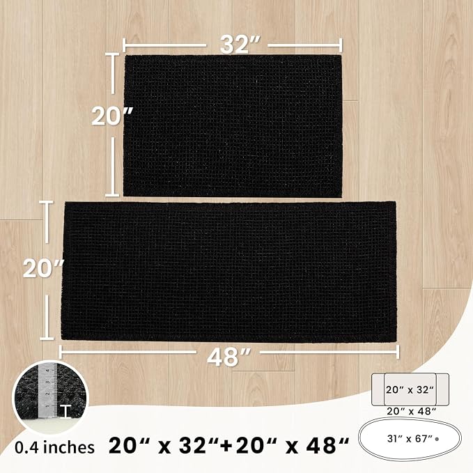 Large Bathroom Rugs Sets 2 Piece - Waffle Bath Mat Non Slip, Extra Absorbent Washable Bathroom Mats for Tub and Shower, Quick Dry Spa Decor, 20x32 & 20x48, Black